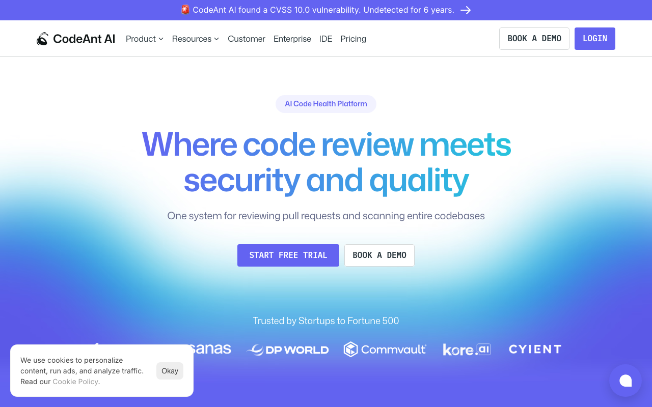 CodeAnt AI AI code review tool homepage screenshot