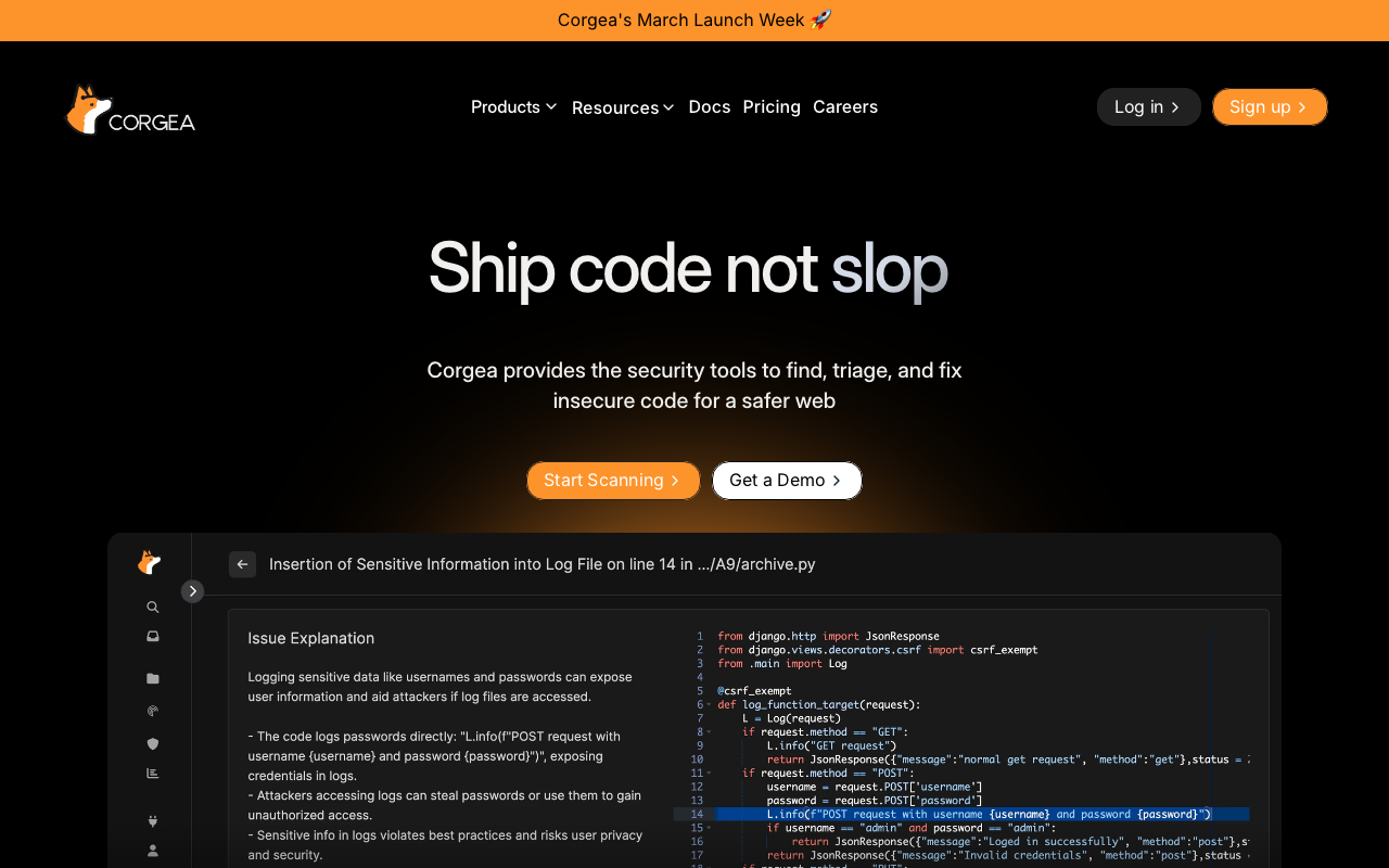 Corgea security scanning tool screenshot
