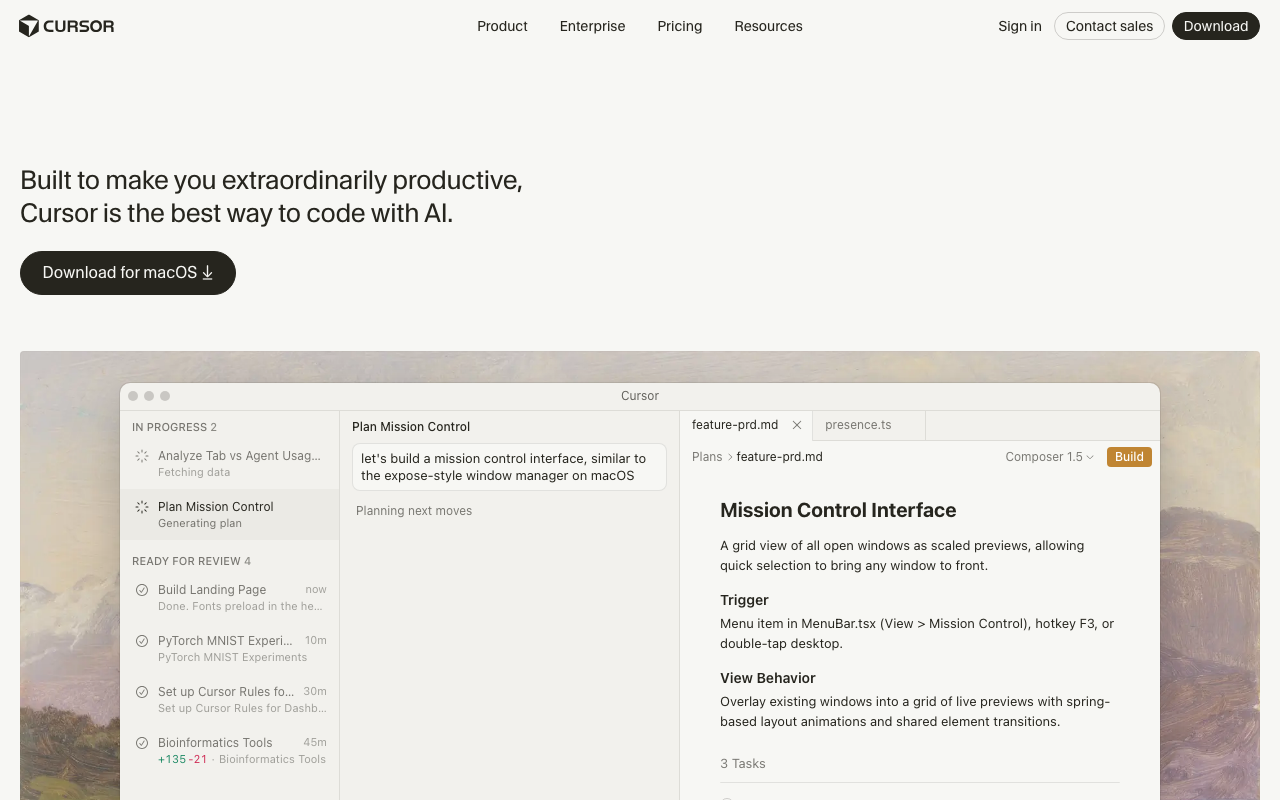 Cursor BugBot AI code review tool homepage screenshot