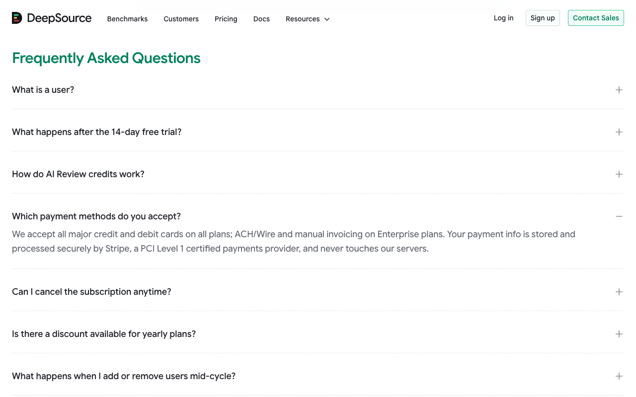 DeepSource code quality platform pricing page screenshot