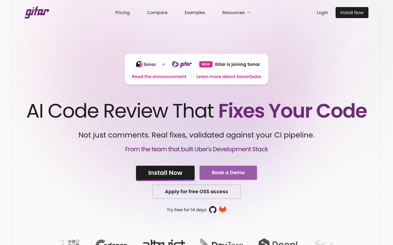 Gitar AI code review tool homepage screenshot