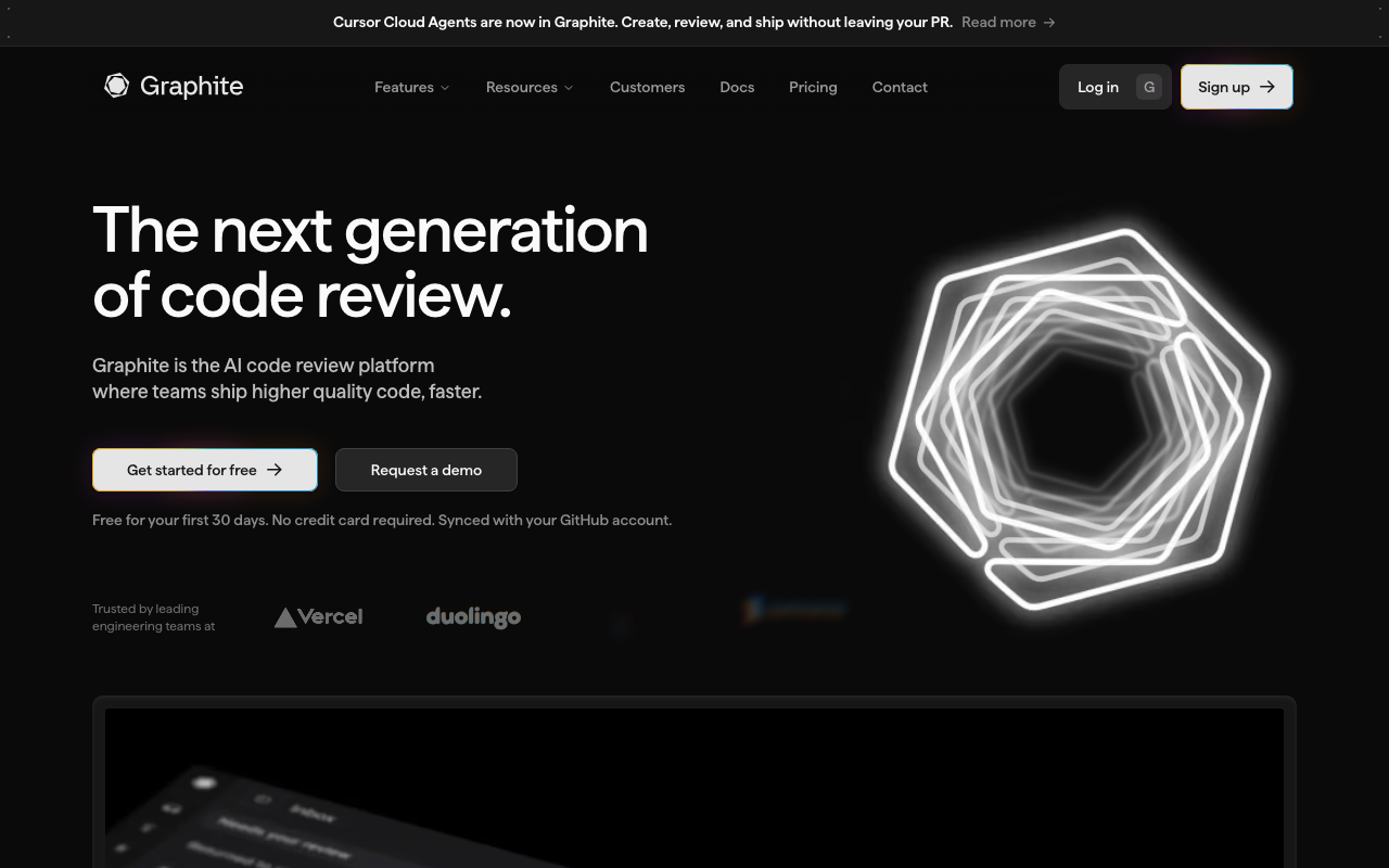 Graphite code quality platform homepage screenshot