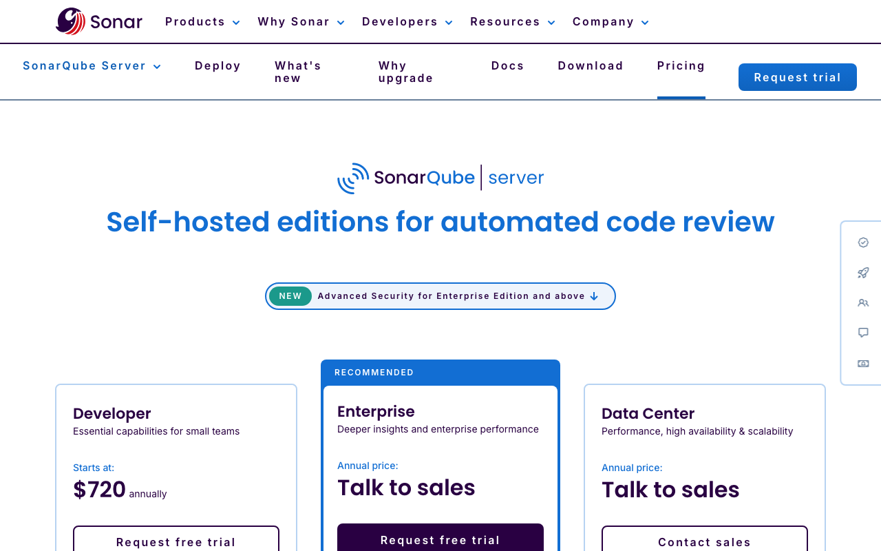 SonarQube static analysis tool pricing page screenshot